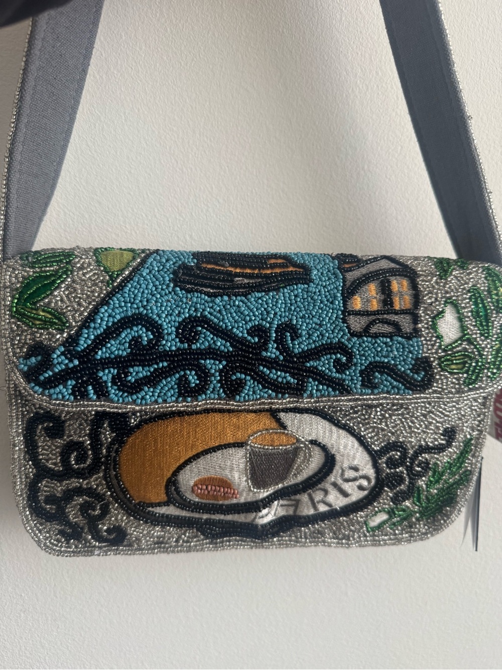 Beaded bag.  Paris  inspired theme in Blue, Green, Yellow by America & Beyond